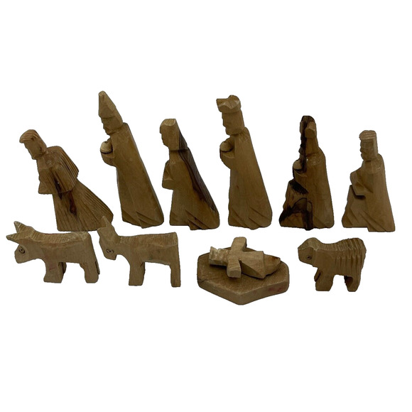 VTG Hand Carved Bethlehem Olive Wood Christmas Holy Nativity Set of 11 - Picture 5 of 11